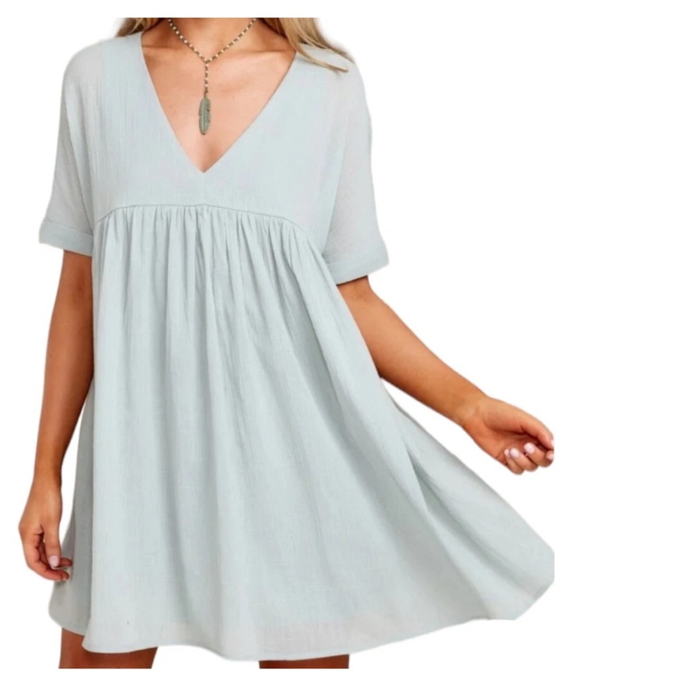 Listicle Sage Blue Cotton Gauze Babydoll Mini Dress V-Neck Short Sleeve LT0346 L